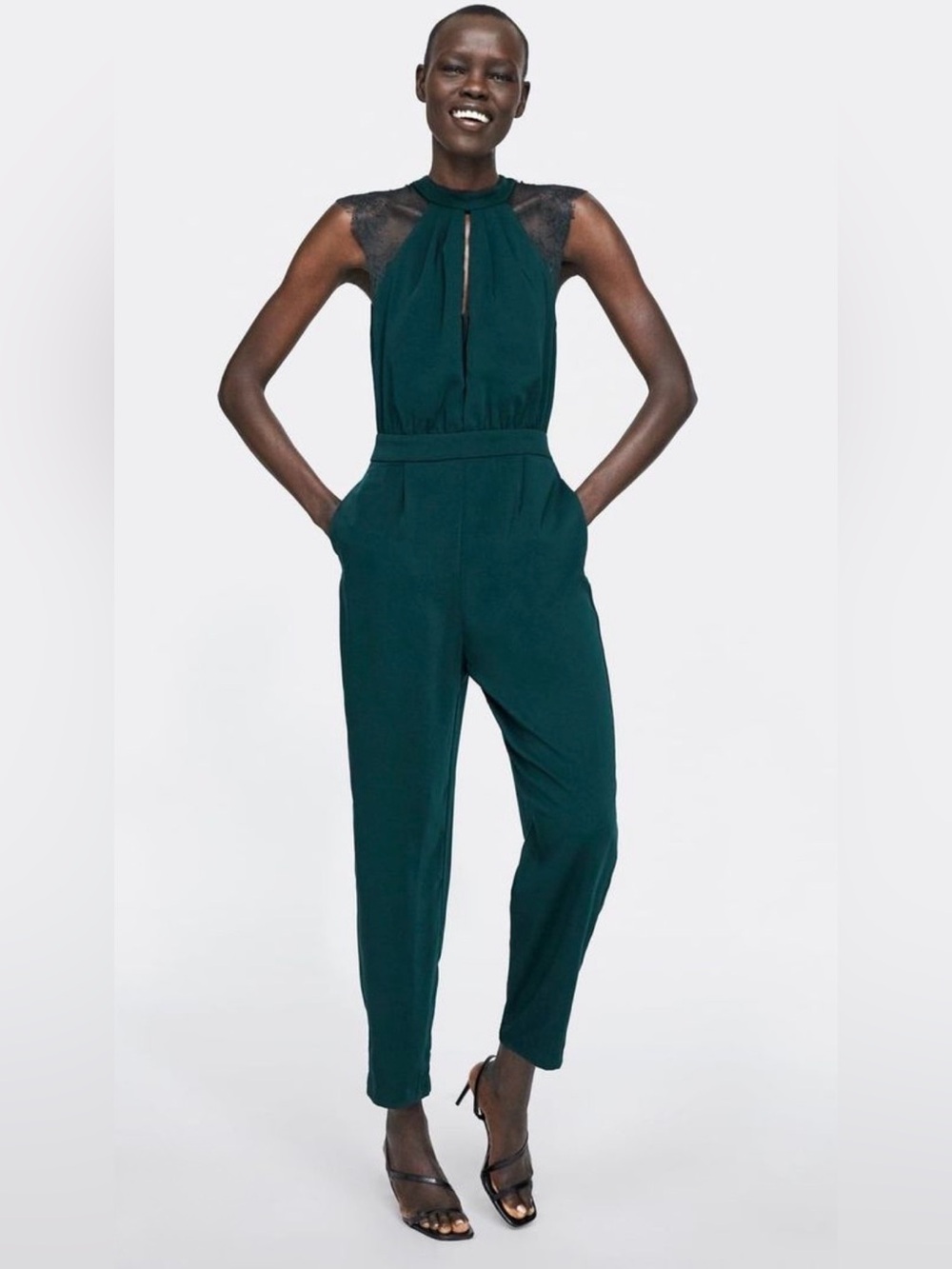Zara Teal Lace-Shoulder Sleeveless Jumpsuit